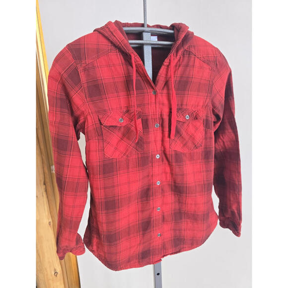 Columbia Times Two Plaid Hooded Women's Medium Deep Red Shirt Roll Tab Sleeves - Picture 7 of 9
